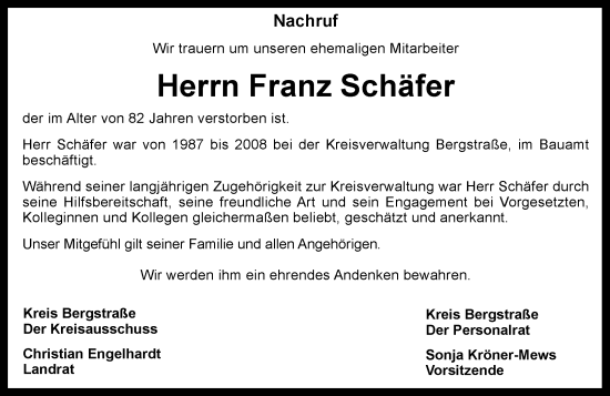 Traueranzeige von Franz Schäfer von Starkenburger Echo