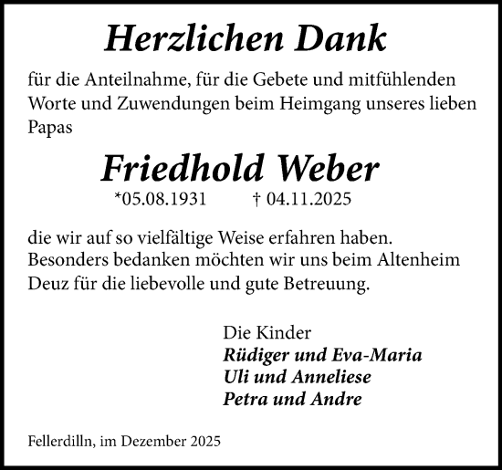 Traueranzeige von Friedhold Weber von Dill Block