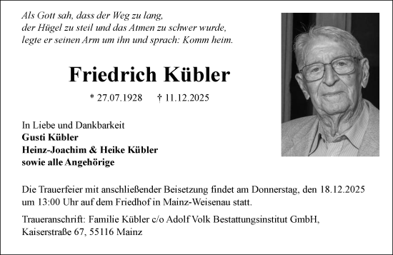 Traueranzeige von Friedrich Kübler von Allgemeine Zeitung Mainz