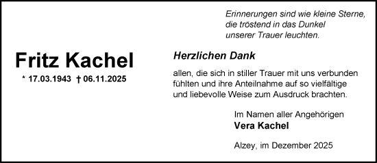 Traueranzeige von Fritz Kachel von Allgemeine Zeitung Alzey