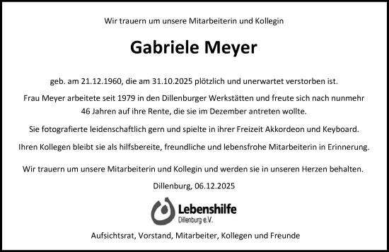 Traueranzeige von Gabriele Meyer von Dill Block