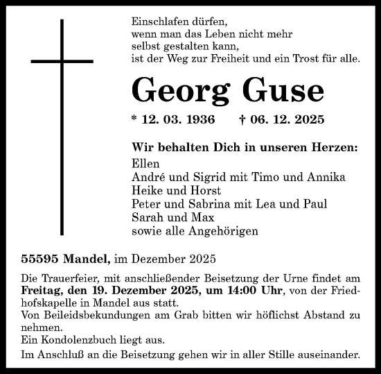 Traueranzeige von Georg Guse von Allgemeine Zeitung Rheinhessen-Nahe