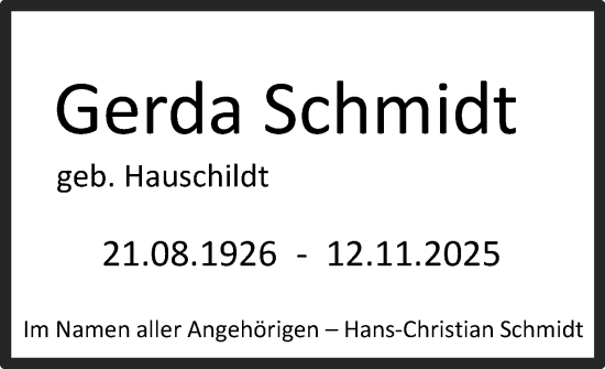 Traueranzeige von Gerda Schmidt von Darmstädter Echo