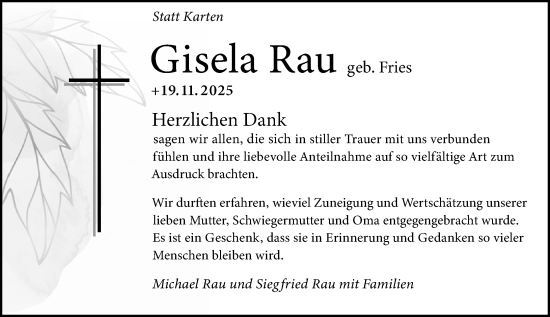 Traueranzeige von Gisela Rau von Wetzlarer Neue Zeitung