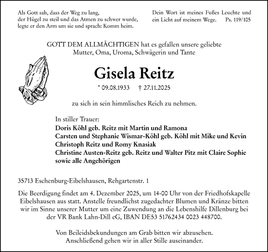 Traueranzeige von Gisela Reitz von Dill Block
