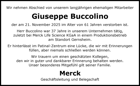 Traueranzeige von Giuseppe Buccolino von Groß-Gerauer Echo
