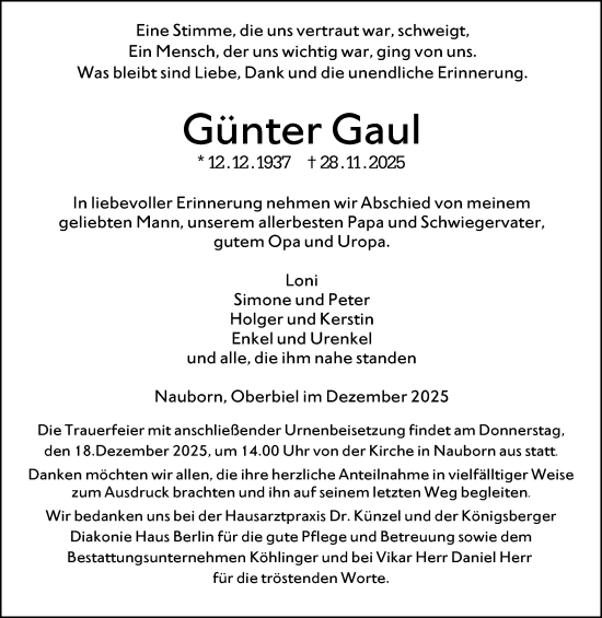 Traueranzeige von Günter Gaul von Wetzlarer Neue Zeitung