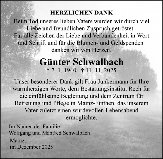 Traueranzeige von Günter Schwalbach von Allgemeine Zeitung Mainz