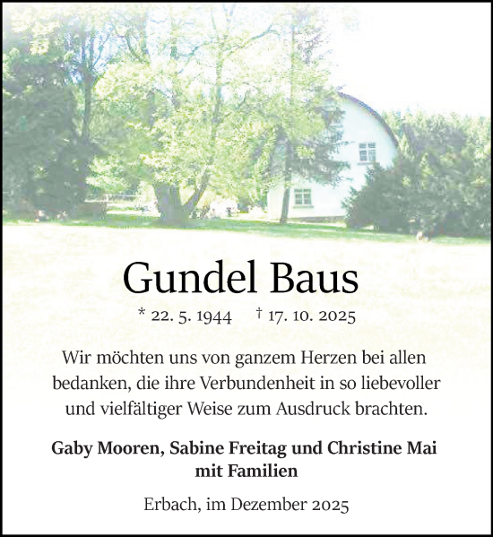 Traueranzeige von Gundel Baus von Odenwälder Echo