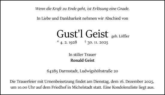 Traueranzeige von Gustl Geist von Odenwälder Echo