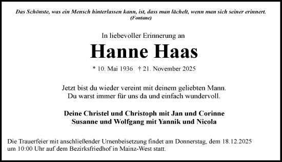Traueranzeige von Hanne Haas von Allgemeine Zeitung Mainz