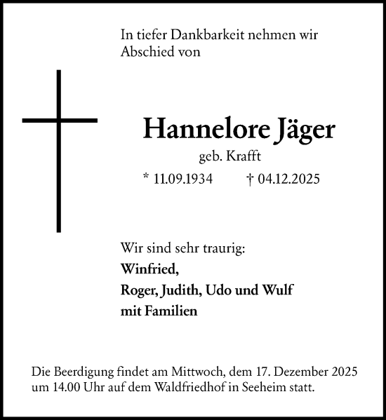 Traueranzeige von Hannelore Jäger von Darmstädter Echo