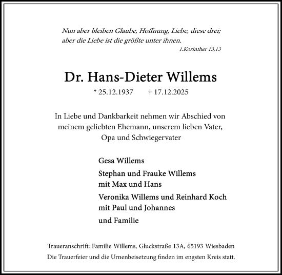 Traueranzeige von Hans-Dieter Willems von Wiesbadener Kurier