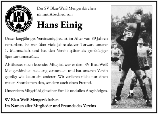 Traueranzeige von Hans Einig von Weilburger Tageblatt