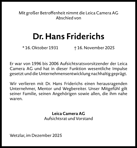Traueranzeige von Hans Friderichs von Wetzlarer Neue Zeitung