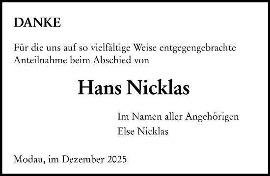 Traueranzeige von Hans Nicklas von Darmstädter Echo
