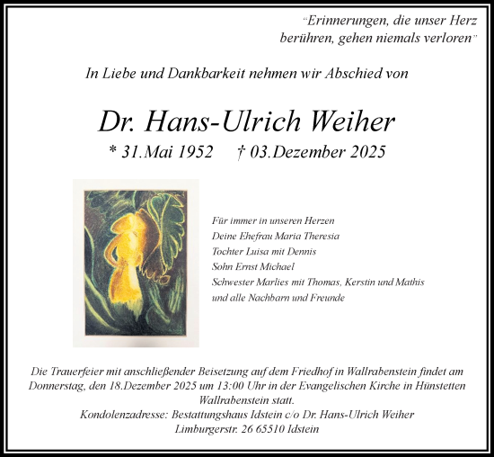 Traueranzeige von Hans-Ulrich Weiher von Idsteiner Land/Untertaunus