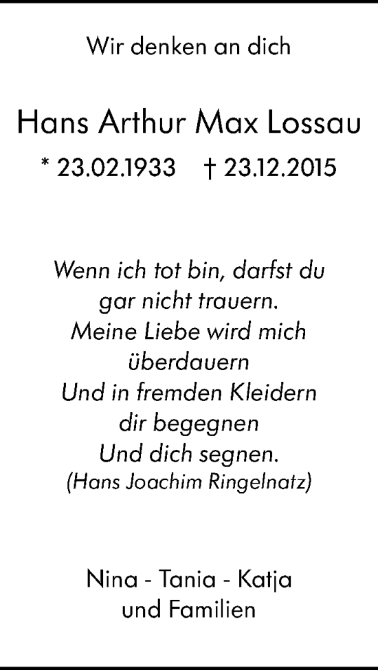 Traueranzeige von Hans Arthur Max Lossau von Allgemeine Zeitung Mainz
