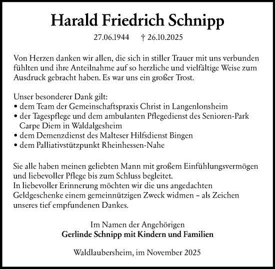 Traueranzeige von Harald Friedrich Schnipp von Binger-/Ingelheimer Wochenblatt