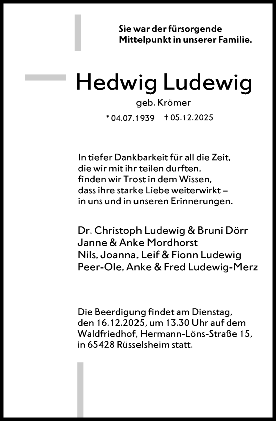 Traueranzeige von Hedwig Ludewig von Rüsselsheimer Echo