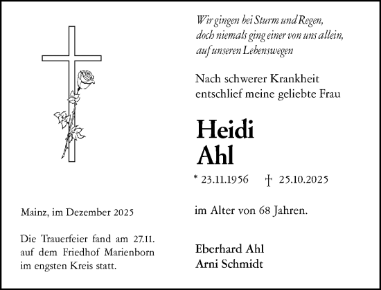 Traueranzeige von Heidi Ahl von Allgemeine Zeitung Mainz