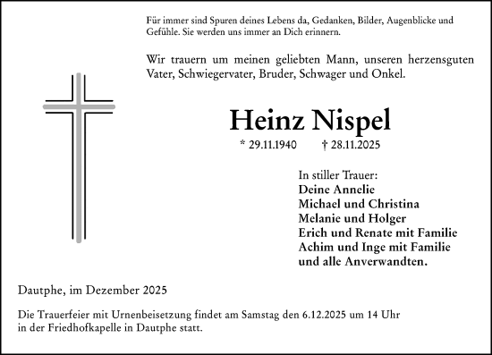 Traueranzeige von Heinz Nispel von Hinterländer Anzeiger