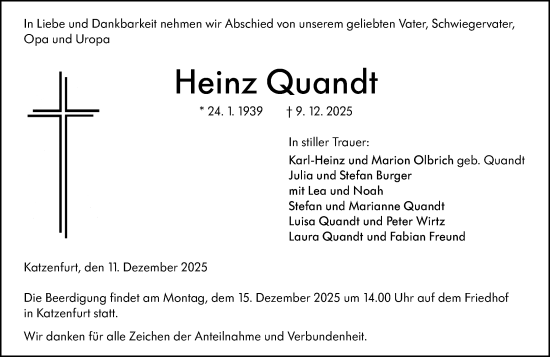 Traueranzeige von Heinz Quandt von Wetzlarer Neue Zeitung