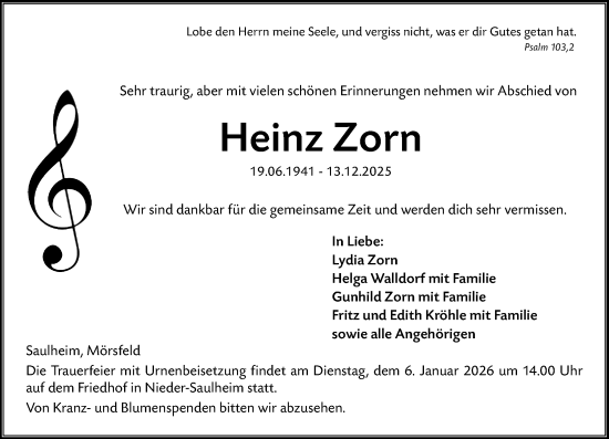 Traueranzeige von Heinz Zorn von Allgemeine Zeitung Alzey