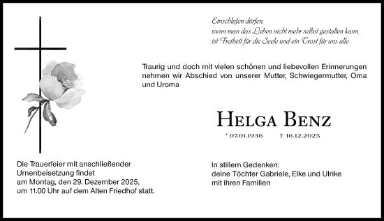 Traueranzeige von Helga Benz von Hochheimer Zeitung
