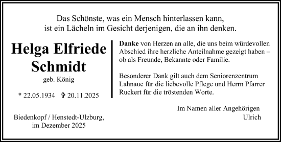 Traueranzeige von Helga Elfriede Schmidt von Hinterländer Anzeiger