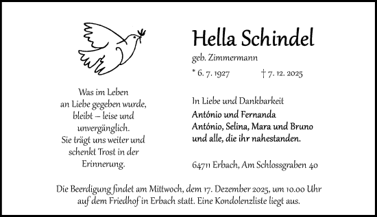 Traueranzeige von Hella Schindel von Odenwälder Echo