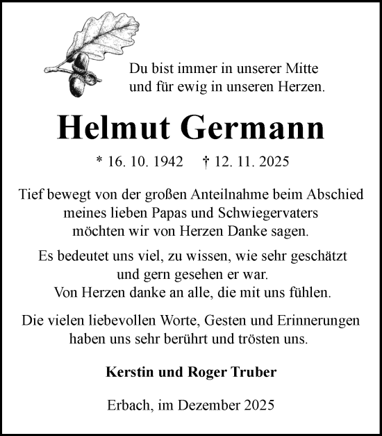 Traueranzeige von Helmut Germann von Odenwälder Echo