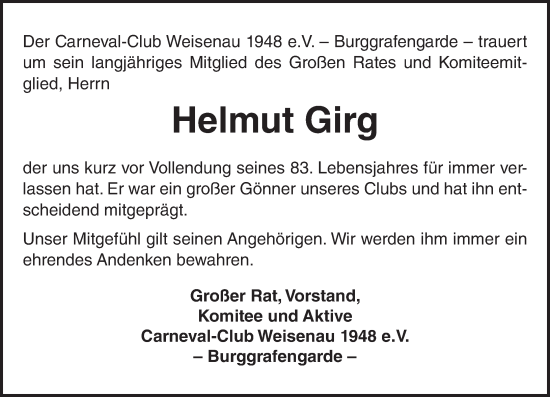 Traueranzeige von Helmut Girg von Allgemeine Zeitung Mainz