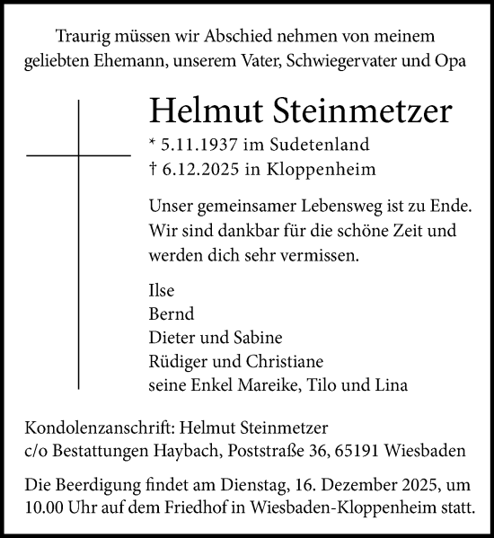 Traueranzeige von Helmut Steinmetzer von Wiesbadener Kurier