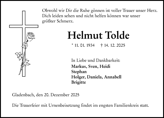 Traueranzeige von Helmut Tolde von Hinterländer Anzeiger