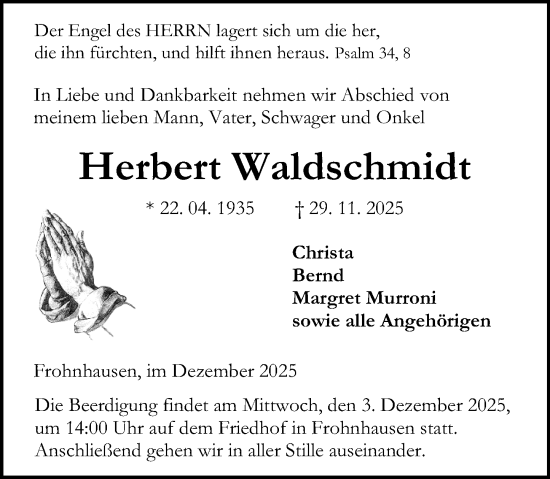 Traueranzeige von Herbert Waldschmidt von Dill Block