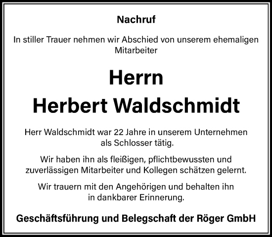 Traueranzeige von Herbert Waldschmidt von Dill Block