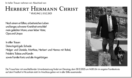 Traueranzeige von Herbert Hermann Christ von Dill Block