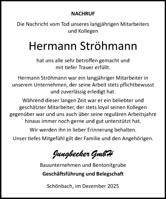 Traueranzeige von Hermann Ströhmann von Dill Block