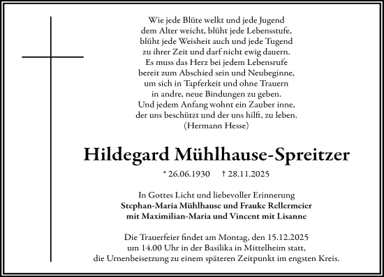 Traueranzeige von Hildegard Mühlhause-Spreitzer von Wiesbadener Kurier