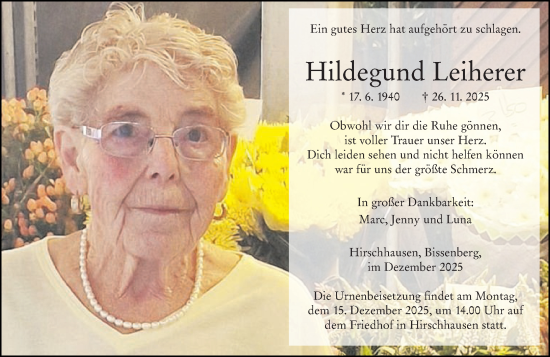 Traueranzeige von Hildegund Leiherer von Weilburger Tageblatt
