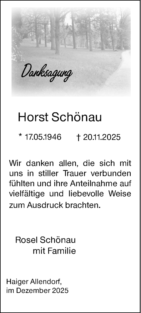 Traueranzeige von Horst Schönau von Dill Block