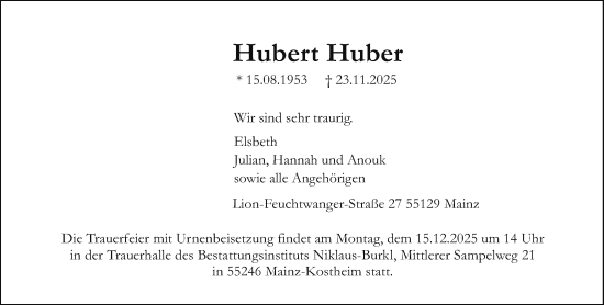 Traueranzeige von Hubert Huber von Allgemeine Zeitung Mainz