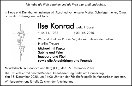 Traueranzeige von Ilse Konrad von Dill Block
