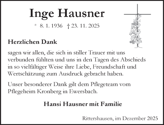 Traueranzeige von Inge Hausner von Dill Block