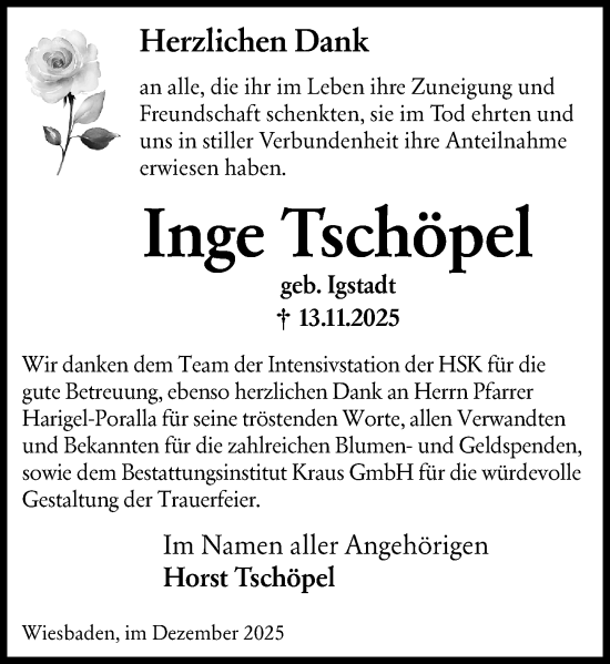 Traueranzeige von Inge Tschöpel von Wiesbadener Kurier