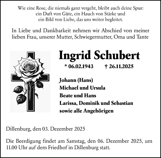 Traueranzeige von Ingrid Schubert von Dill Block