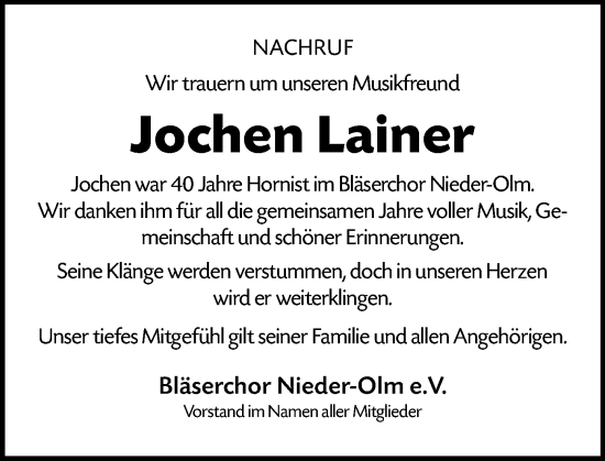 Traueranzeige von Jochen Lainer von Allgemeine Zeitung Mainz