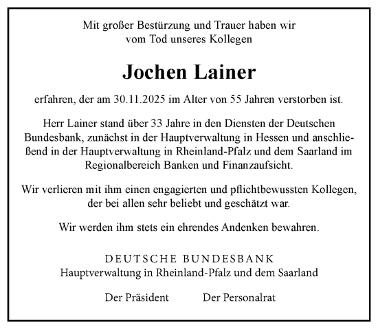 Traueranzeige von Jochen Lainer von Allgemeine Zeitung Mainz