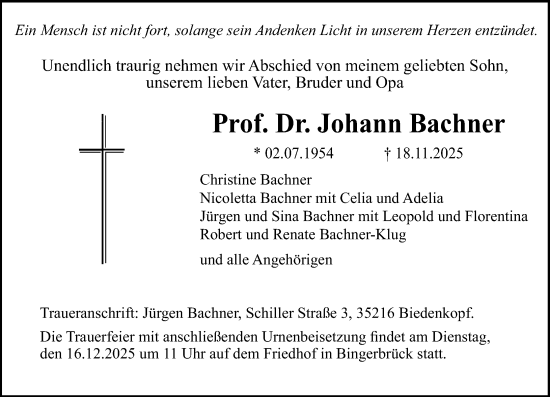 Traueranzeige von Johann Bachner von Allgemeine Zeitung Rheinhessen-Nahe